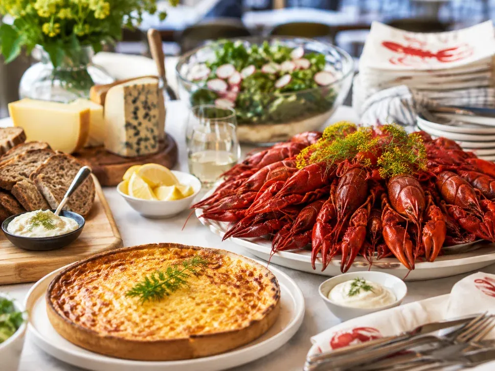 Kräftskiva med catering i Stockholm – dukat kräftbord med kräftor, västerbottenspaj, ostar, bröd och sallad